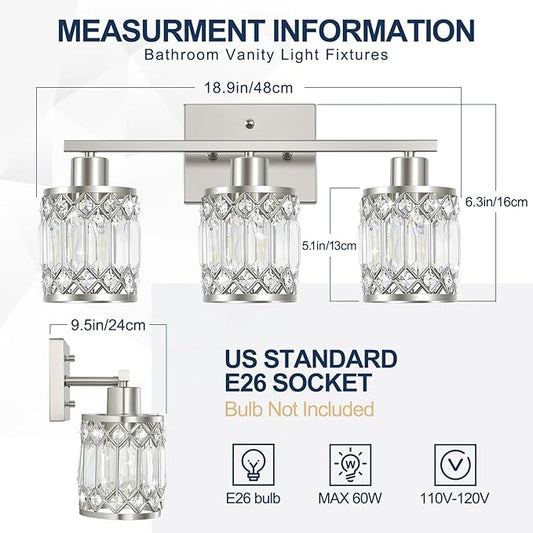 Crystal Modern Bathroom Light Fixtures, 3-Light Brushed Nickel Bathroom Vanity Wall Light, Vanity Lights for Mirror, Restroom, Bedroom (E26 Socket, Bulbs Not Included)