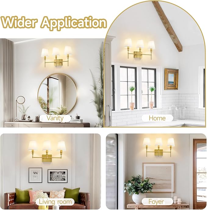 Bathroom Light Fixtures,23.6 IN Bathroom Vanity Lights Over Mirror,3-Light Antique Brass Vintage Wall Sconce With Flared White Fabric Lampshade For Bedroom,Living Room,Foyer,Hardwired,E12 Base