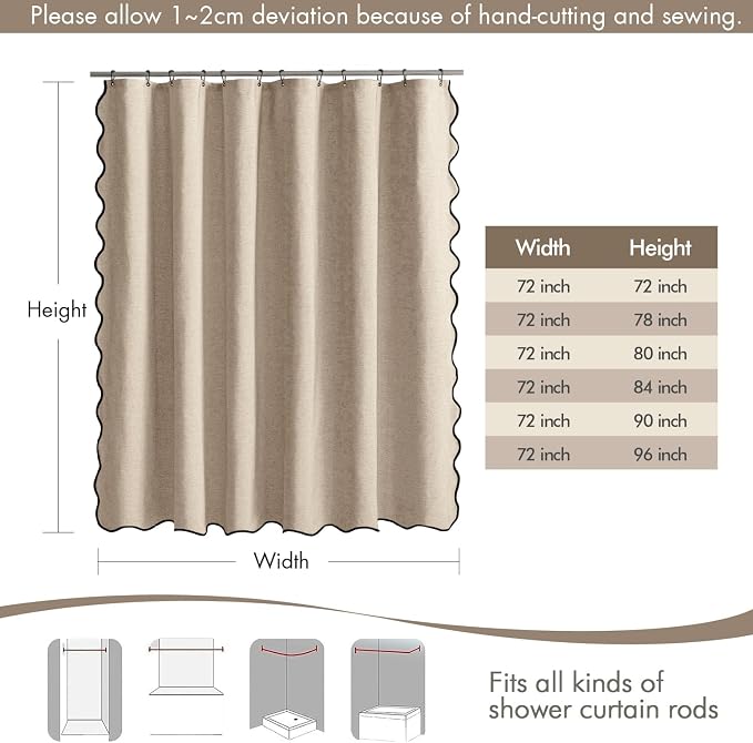 MIULEE Copper Brown Scalloped Linen Shower Curtain 72x78 Inches | Linen Textured, Waterproof, Washable, 12 Metal Hooks, Heavy Duty Cloth, Black Border, Shower Curtain for Bathroom Bathtub