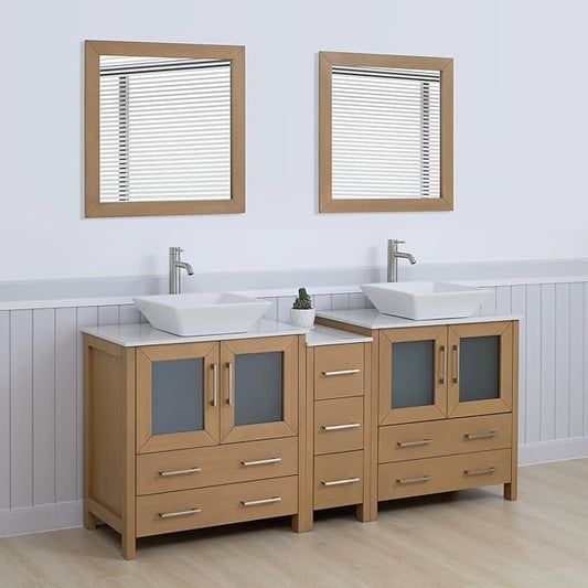 Vanity Art 72 Inch Vessel Double Sink Bathroom Vanity Cabinet with 2 Mirrors, Engineered Marble Top Bathroom Cabinet Compact Set with 7 Dovetail Drawers and Soft Closing Doors, VA3130-72NO