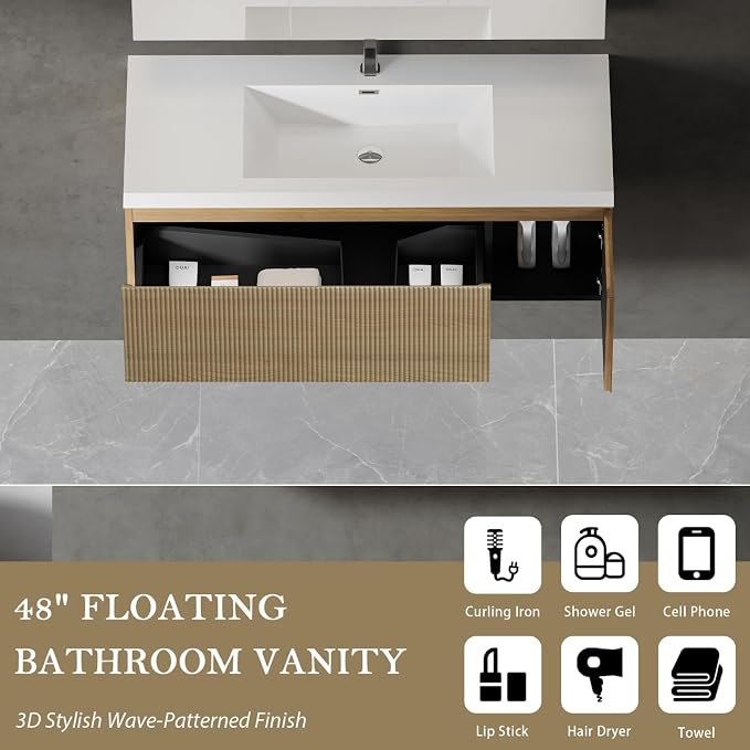 Floating Bathroom Vanity, 48" Wall Mounted Bathroom Cabinet with Glossy White Stone Resin Sink, U-Shaped Soft-Close Drawer & Door, Pre-Assembled Striped Bathroom Storage Vanity, Natural Wood
