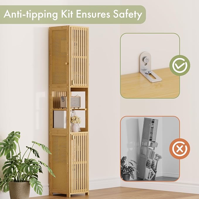 Amazer 70'' Tall Bathroom Storage Cabinet Bamboo, Narrow Storage Cabinet with Rattan Doors and Adjustable Shelves, Slim Freestanding Organizer for Living Room, Kitchen, Natural Color