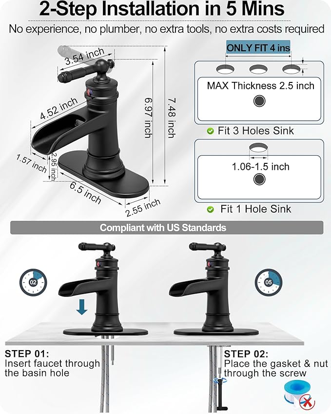 Waterfall Bathroom Faucet Black, Brass 1 Hole Bathroom Faucets Single Handle, 3 Holes 4 Inch with Pop-up Drain, Deck Plate & Supply Hoses for Vanity Lavatory RV, 5 Mins Quick Installation