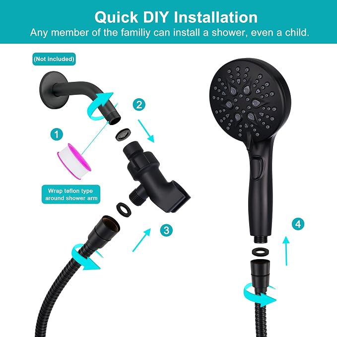GwernKB Handheld Shower Head with ON OFF Switch & 79in Stainless Steel Hose | Built-in Power Spray,7-Setting High Pressure Spray with Bracket & Extra No Drilling Wall Shower Holder for Lower Mount,Black