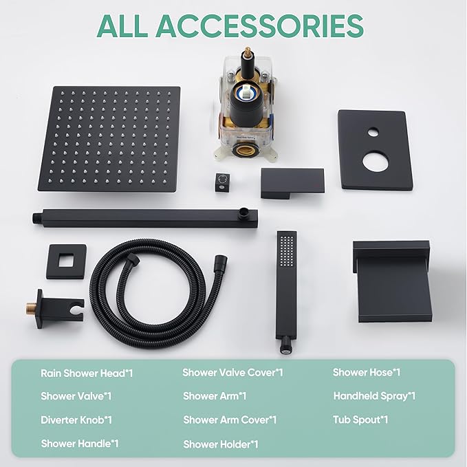 Black Tub Shower System, All Metal Tub Shower Faucet Set with 12" Rain Shower Head and Handheld Spray combo, Wall Mounted Shower Systems with Tub Spout, Valve and Trim Kit, Matte Black