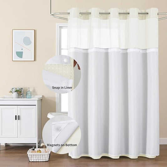 Colorful Star Ivory No Hook Waffle Shower Curtain Set, 72" W x 75" L | Waterproof Shower Curtain with Snap in Fabric Liner and Mesh Top Window, Hotel Style Heavy Duty Thick Bathroom Curtain