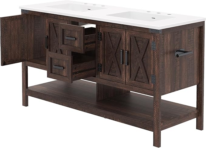 AMERLIFE 60” Farmhouse Bathroom Vanity with Double Sink, Freestanding Cabinet with 2 Drawers, 4 Barn Doors & Open Shelf, Rustic Storage for Master or Family Bathroom, Rustic Brown