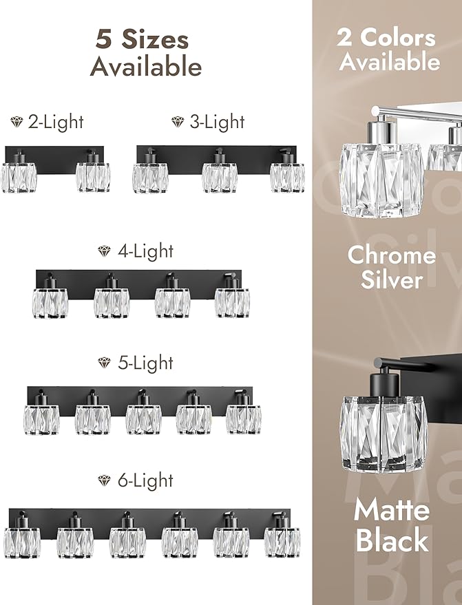 VOLISUN Crystal Vanity Lights for Bathrooms, 5 Light Bathroom Vanity Light, Modern Matte Black Bathroom Light Over Mirror, Black Bathrooms Lights Fixtures-UL Certificated(Exclude Bulb)