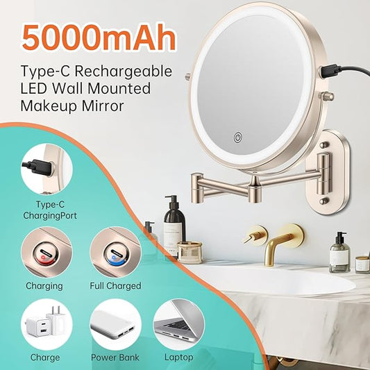 5000mAh Rechargeable Wall Mounted Lighted Makeup Vanity Mirror, Double Sided 1X 30X Magnifying Bathroom Mirror, 3 Color Lighting, Touch Screen Dimming, Extended Arm 360 Rotation Shaving Mirror