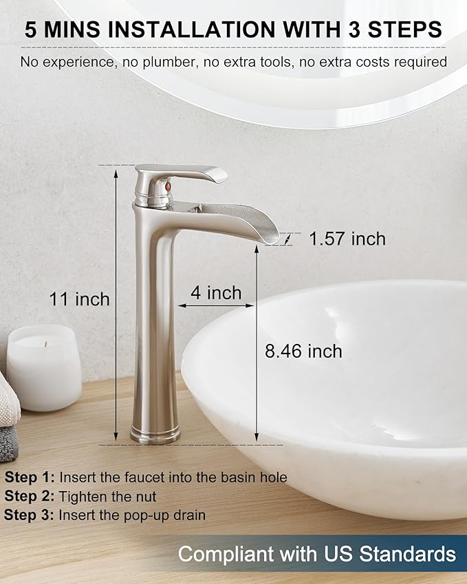 Brushed Nickel Bathroom Faucet Brass Waterfall Faucet for Bathroom Sink, Tall Vessel Sink Faucets, Vanity Faucet 1 Hole Single Handle with Pop-Up Drain Supply Hoses for Lavatory RV Farmhouse