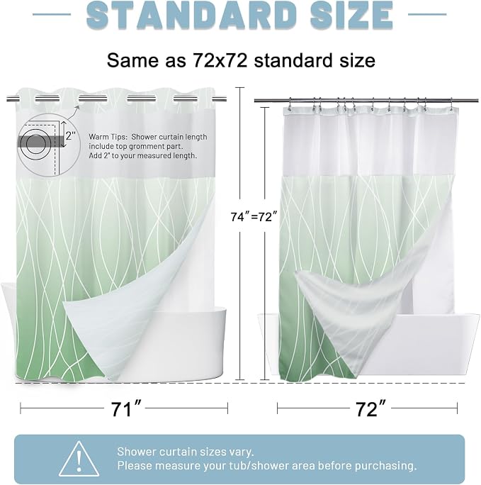 Ombre Green No Hook Shower Curtain with Liner, 71 x 74 Inch | Stripe Pattern,Waterproof,Quick Dry,Mesh Top Window,Bottom Magnets,Hotel Style,Machine Washable,Modern,for Bathroom