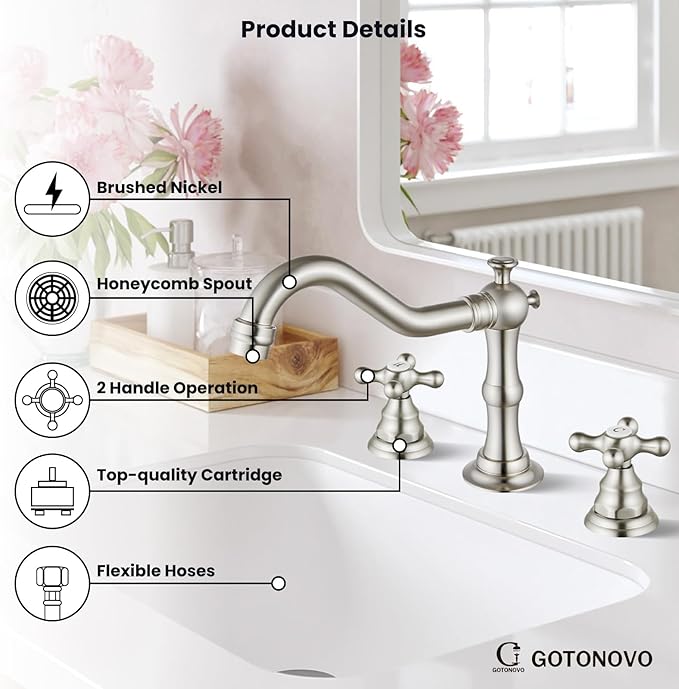 gotonovo Bathroom Faucet 3 Hole 8 Inch Widespread Bathroom Sink Faucet 2 Cross Handles Vintage Lavatory Vanity Mixer Tap with Pop Up Drain, H C Label, Brushed Nickel