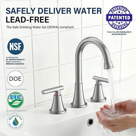 Bathroom Faucet 3 Hole, Brushed Nickel Faucets with Drain and Supply Lines | Hurran Stainless Steel Lead-Free Widespread Bathroom Sink Faucet for Vanity RV Restroom Laundry Outdoor Camper, 2 Pack