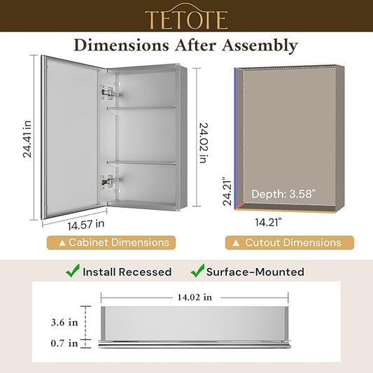 TETOTE 14 x 24 Medicine Cabinet with Tempered Beveled Mirror Silver Aluminum Cabinet DTC Hinges, Stepless Adjustable Shelves, Recessed/Surface-Mounted
