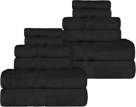 Superior Ultra-Soft Cotton Towel Set, 4 Bath Towels, 4 Hand Towels, 4 Face Towels/Washcloths, Quick-Dry, Shower, Spa Basics, Essentials, Solid, Double Line Dobby Border, 12 Piece Set, Black