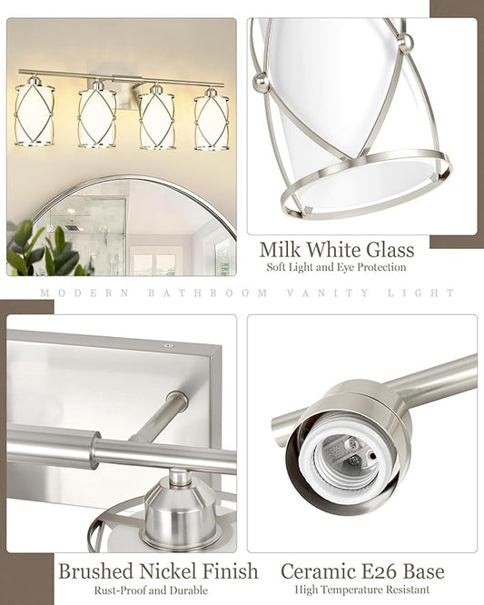 4-Light Brushed Nickel Bathroom Light Fixtures with Milk Frosted Glass, 29" Modern Bathroom Vanity Lighting Fixtures Over Mirror with Metal Cage, Wall Sconce Lights for Bath, E26, CH9176BNW-4W