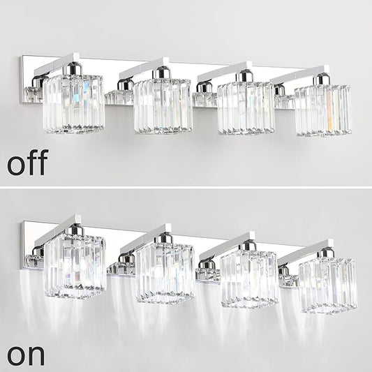 Aipsun Bathroom Light Fixtures Crystal Modern Vanity Lighting Fixtures 4 Light Chrome Bathroom Vanity Light (Exclude Bulb)