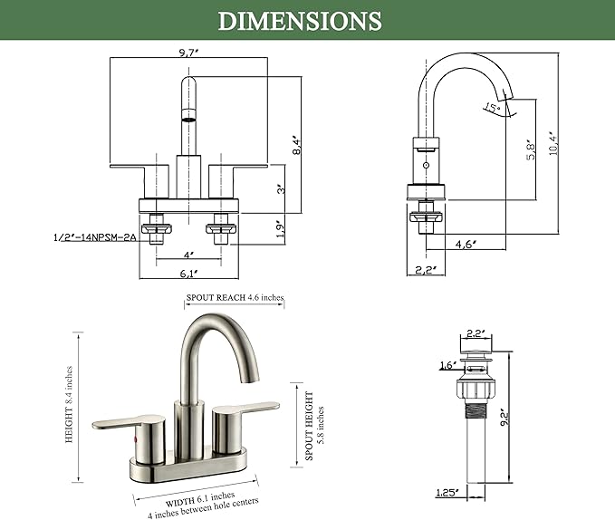 2 Handle Centerset Bathroom Sink Faucet Brushed Nickel with Drain Assembly, High Arc Modern 4 Inch Bathroom Vanity Lavatory Faucet 3 Holes with Brass 360° Swivel Spout, TAF067E-BN