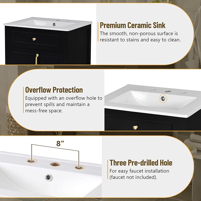 Favfurish 24" Bathroom Vanity with Ceramic Sink,Free Standing Single Basin Vanity w/Soft Close Door and Soft Closing Drawers,Wooden Bath Cabinet with Double Storage Racks on The Door,Black