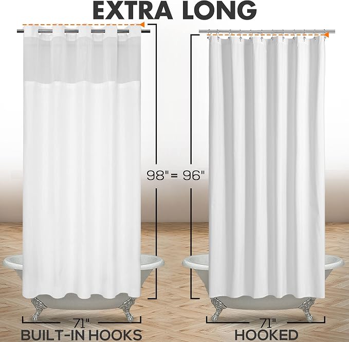River Dream Extra Long No Hook Slub Textured Shower Curtain with Snap-in PEVA Liner Set - 71" x 98"(96"), Hotel Style with See Through Top Window, Fabric Curtain & Waterproof Liner, White, 71x98 | 71W x 98H, Snap on/off Waterproof PEVA Liner, See Throu...