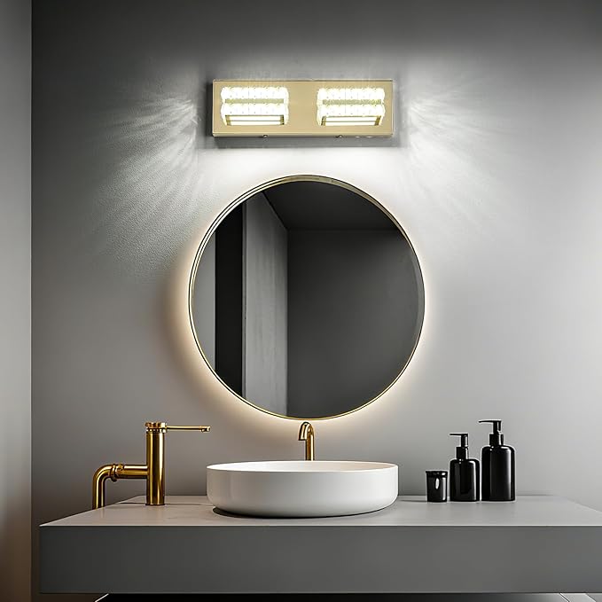 Crystal Vanity Lights LED Bathroom Vanity Light Fixture Over Mirror Modern Indoor Gold Lamp, 6000K Cold White Dimmable, 2-Lights, 18W, ETL Listed