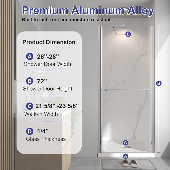 26"-28" W x 72" H Frameless Pivot Shower Door Brushed Nickel | 1/4"(6mm) SGCC Tempered Glass with Explosion-Proof Film &Nano Coating,Customizable Width
