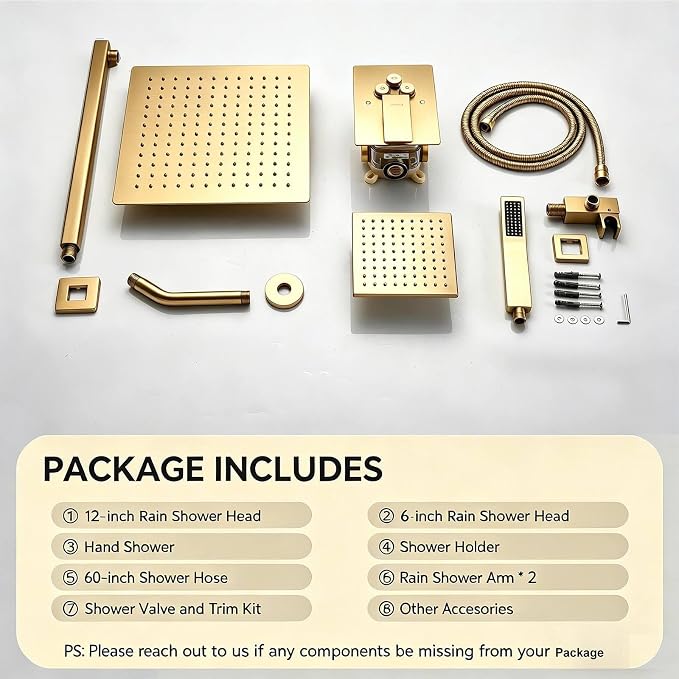 Dual Rainfall Shower Head System Brushed Gold, 3-Function Push Button Shower Faucet Set with 12" Wall Mount Rain shower head and 6" Wall Mount Shower Head, Pressure Balance Rough-in Valve