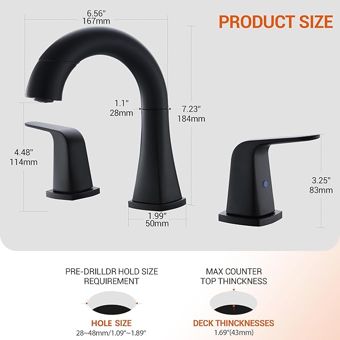 Pull Down Bathroom Faucet Black- Matte Black Sink Faucet with Sprayer, Bathroom Pull Out Faucets, 2-Handles Widespread Vanity Faucets 3 Hole 8 Inch 360 Swivel Spout with Pop-up Drain & Lines