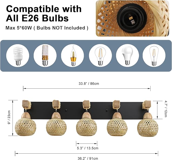 5-Light Boho Vanity Light, Farmhouse Bathroom Light Fixture, Rattan Bathroom Light Fixture Over Mirror Rustic Vanity Lighting with Handmade Bamboo Shades, Suit for Restroom, Bedroom, Hallway