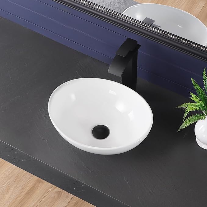 Vessel Sink 16"x13" Oval Bathroom Sink Modern White Porcelain Ceramic Above Counter Drop-in Vanity Sink for Bathrooms Art Basin