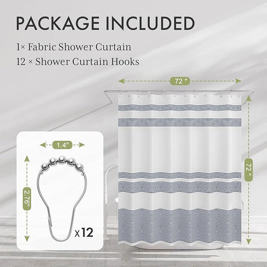 AmazerBath Striped Blue Shower Curtain, Cute Blue Stripe Bathroom Shower Curtain with 12 Shower Curtain Hooks, Rustic Fabric Blue and White, 72x72 Inches