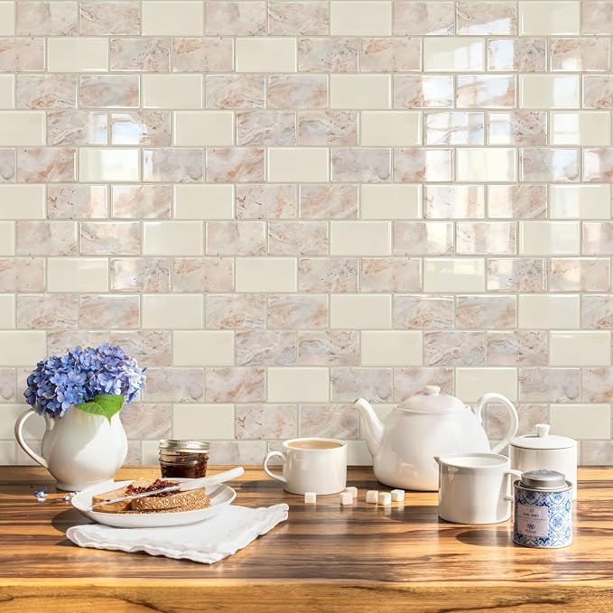 STICKGOO Subway Tile Peel and Stick Backsplash, Thicker Design 12" x 12" Stick on Backsplash Tiles for Kitchen, Bathroom, Wall Tile (10 Sheets, Brown Marble Look)