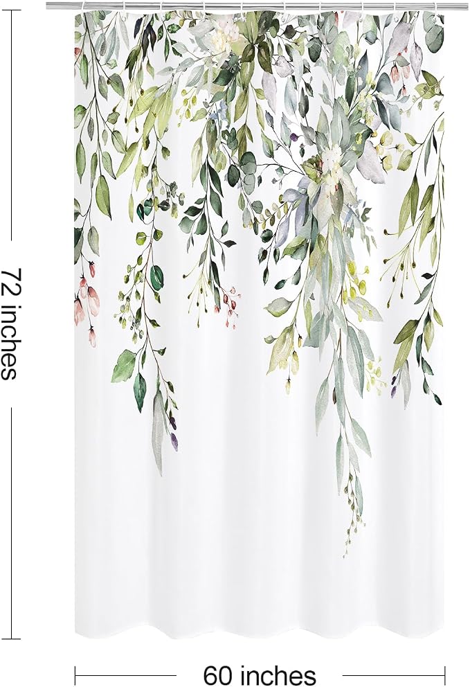 Sage Green Eucalyptus Shower Curtain, Floral Print, 60x72 | Watercolor Plant Leaves Floral Print, Stall Waterproof Fabric Bathroom Decor, Machine Washable, Rustproof Grommets