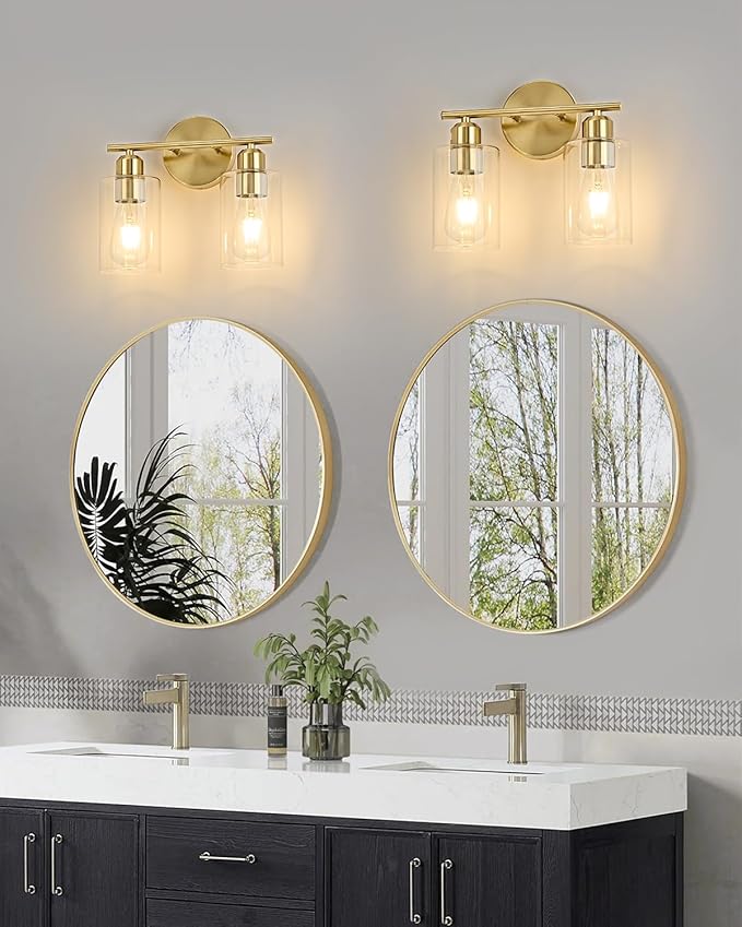 2Light Modern Vanity Lights - Gold, Clear Glass Shade, Wall Sconce for Bathroom & Bedroom, 2 Pack