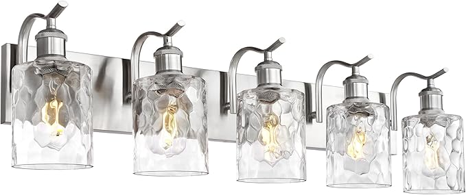 5-Light 34 Inch Bathroom Vanity Light,Hammered Glass,Nickel | Brushed Nickel,Over Mirror Wall Light,E26 sockets,for bathroom mirror,powder room,dressing area
