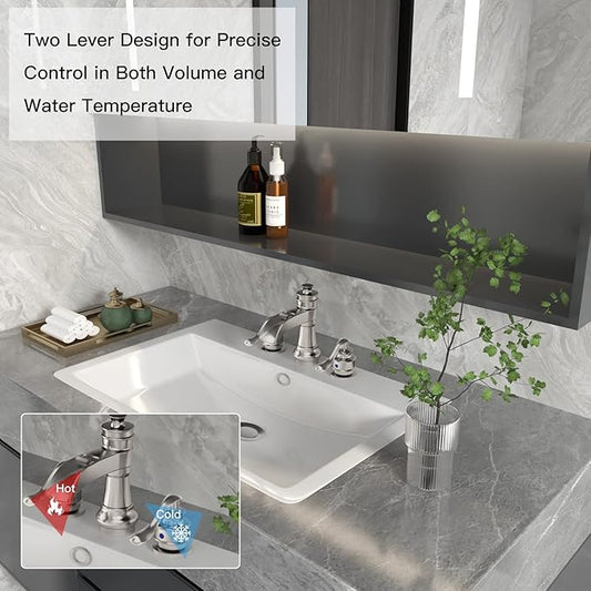 BWE 8 Inch Widespread Bathroom Faucet with Pop Up Drain with Overflow and Supply Line Waterfall 3 Holes Two-Handle Sink Faucets Brushed Nickel Lavatory Mixer Tap