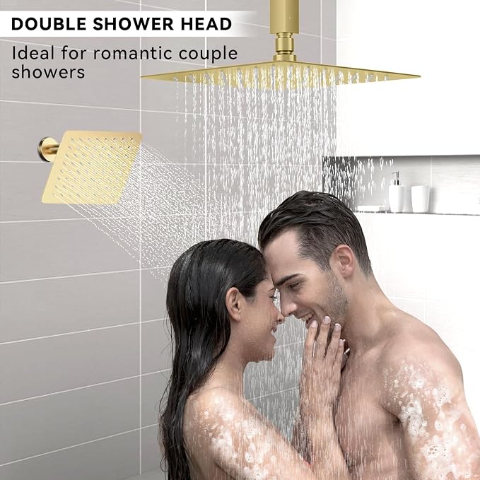 Shower System Shower Faucet Set, STARBATH 12"+6" Wall Mount Rain Shower Head and Handheld Spray for Two Person, Rainfall Shower System with Diverter Valve and Trim Kit Complete,Brushed Gold