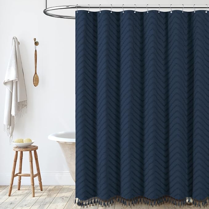 Long Boho Farmhouse Shower Curtain Tufted Chevron 72x78 Navy Blue | 78 Inch Tall, Elegant Tassel, Lightweight Textured Fabric, Water Repellent, Washable, Hotel Spa, for Bathroom/Dorm 12 Hooks