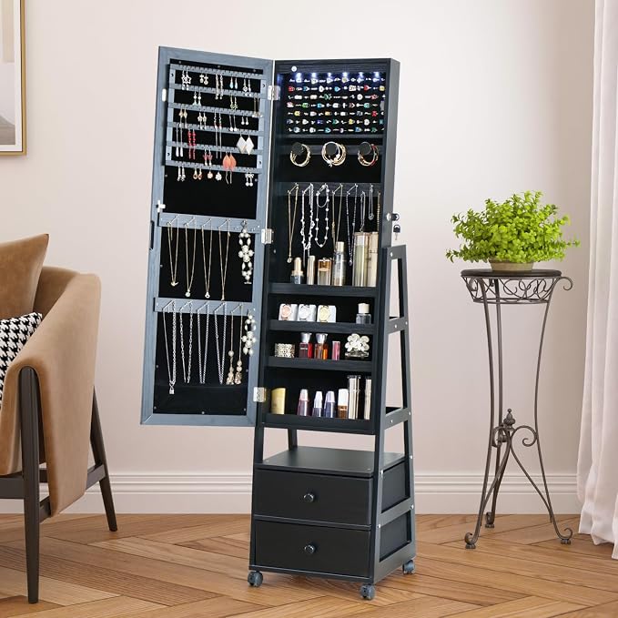 Jewelry Armoire Cabinet Organizer Standing with 20 LED Lights Lockable | Full Length Mirror with Storage Shelves and 2 Drawers (Black) Adjustable Tilt Angles Gift for Her