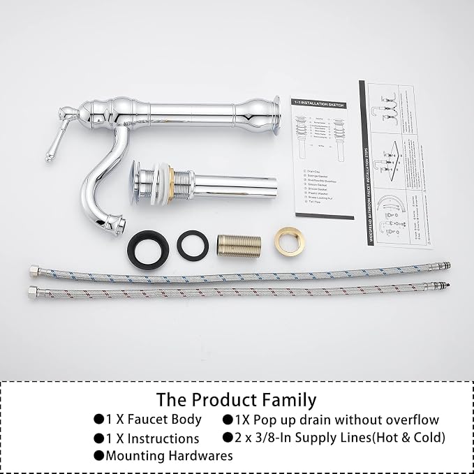 360° Swivel Chrome Single Handle One Hole Bathroom Sink Faucet Matching with Pop Up Drain