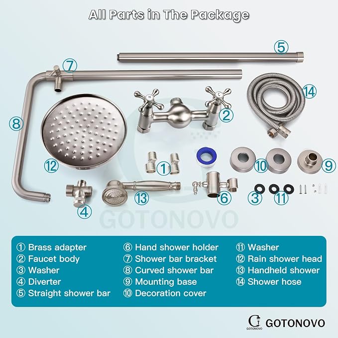 gotonovo Exposed Shower System Wall Mount,Brushed Nickel,Metal Handheld | 8” Rain Shower Head Faucet Set Fixtures,2 Function,Two Cross Handle,Height Adjustable,for 5-6.7" Hole,Indoor Victorian Retro