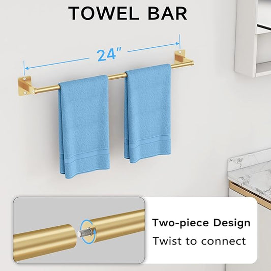 KLJKPA Bathroom Accessories Set, 4-Piece Gold Bathroom Hardware Set | 24 inch Towel Bar, Towel Racks for Bathroom, Robe Towel Hooks, Toilet Paper Holder Wall Mounted
