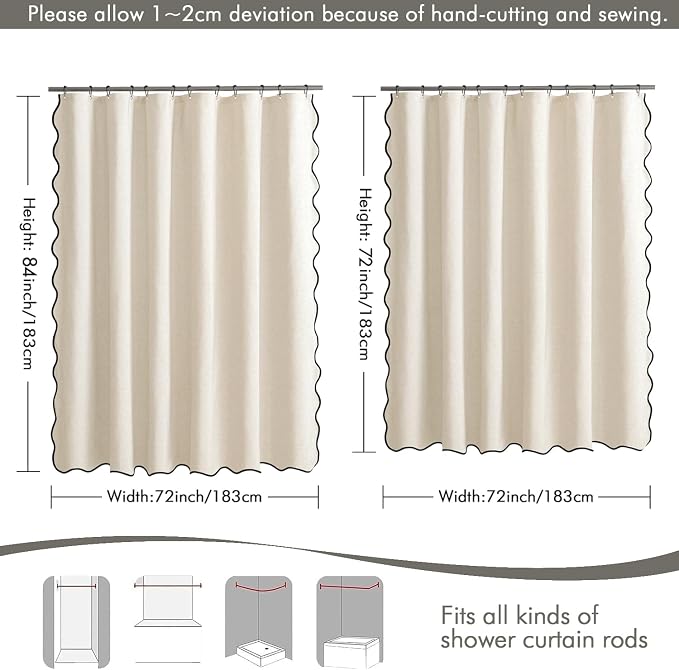 MIULEE Ivory Scalloped Linen Shower Curtain 72x78 Inches | Linen Textured, Waterproof, Washable, 12 Metal Hooks, Heavy Duty Cloth, Black Border, Shower Curtain for Bathroom Bathtub