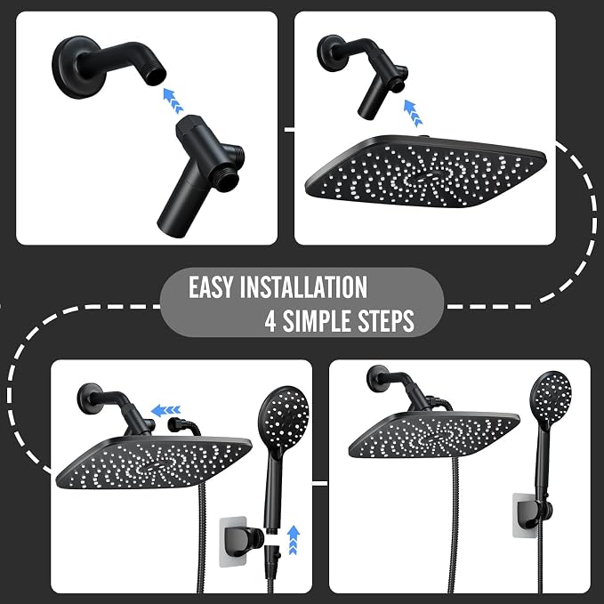 Veken 11.8“ Rain Shower Head with Handheld,Dual High Pressure Shower Heads | Easy Pause,5-mode Hand Held Spray with Hose,Wide Detachable Rainfall,Double Showerhead Combo,Bathroom Accessories,Matte Black