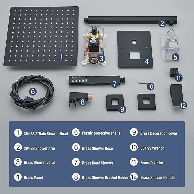 Shower Faucet Matte Black Shower System with 12 Inches Rain Shower Head and Handheld Spray Bathroom Luxury Rain Shower Faucet Set Complete Wall Mounted