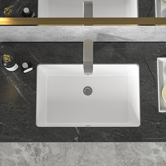 Sarlai Undermount Rectangular Vessel Sink - 21 x 13 inch Modern White Ceramic, Vanity Sink Art Basin with Overflow, Interior Bowl Size 18.9"x11.8"x4.75"