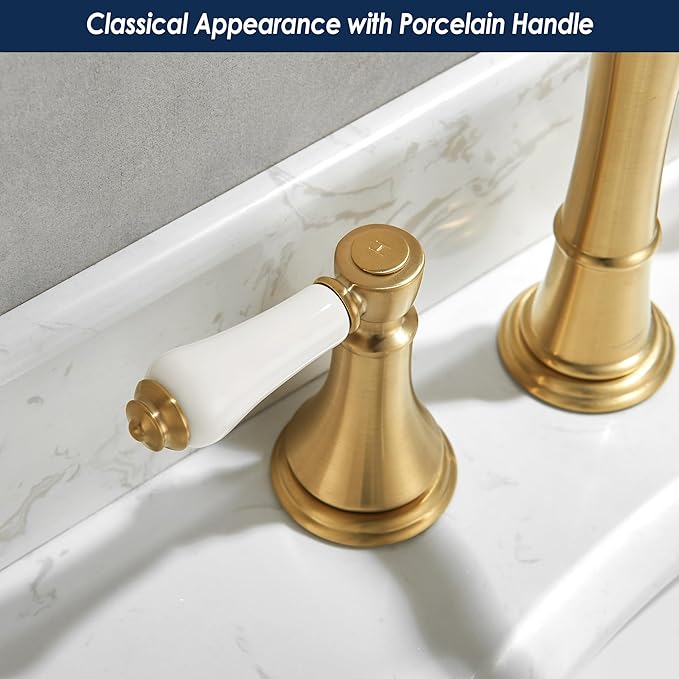 Porcelain 8 inch Widespread Brushed Gold Bathroom Faucet 3 Holes | Includes Plastic Pop-Up Drain & Two 23.6" Supply Lines, Classical 8" Spread Lavatory & Bath Vanity Sink Faucets, Brass Spout