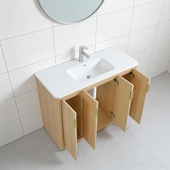 48 Inch Freestanding Bathroom Vanity with Ceramic Sink, Striped Vanity Cabinet with Four-Door Storage & Gold Pull Handles, Natural Wood
