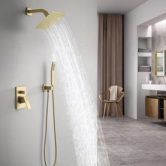 JOYWELL Shower Faucet Brushed Gold Shower System 8 Inches Rain Shower and Handheld Shower Combo,2-Function Pressure Balance Shower Fixtures,Included Shower Trim Kit
