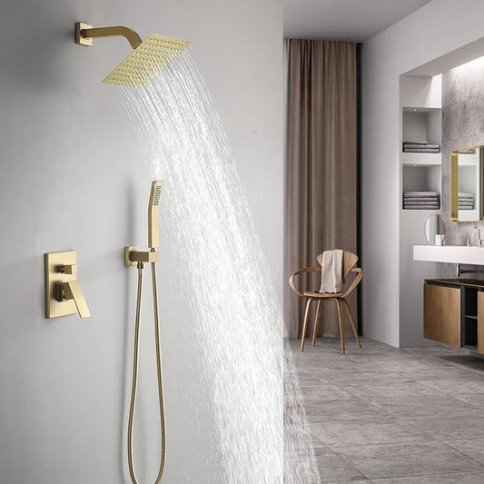 JOYWELL Shower Faucet Brushed Gold Shower System 8 Inch Shower Head | 2-Function Pressure Balance Shower Fixtures,Handheld Shower Sprayer,Included Shower Trim Kit